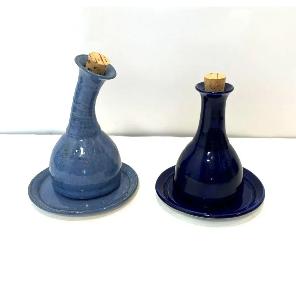 Kazooti Clay Studios Oil Vinegar Cruet Bottle Set With Corks & Matching Plates